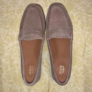 Taupe women's Bass Weejuns suede penny loafer
